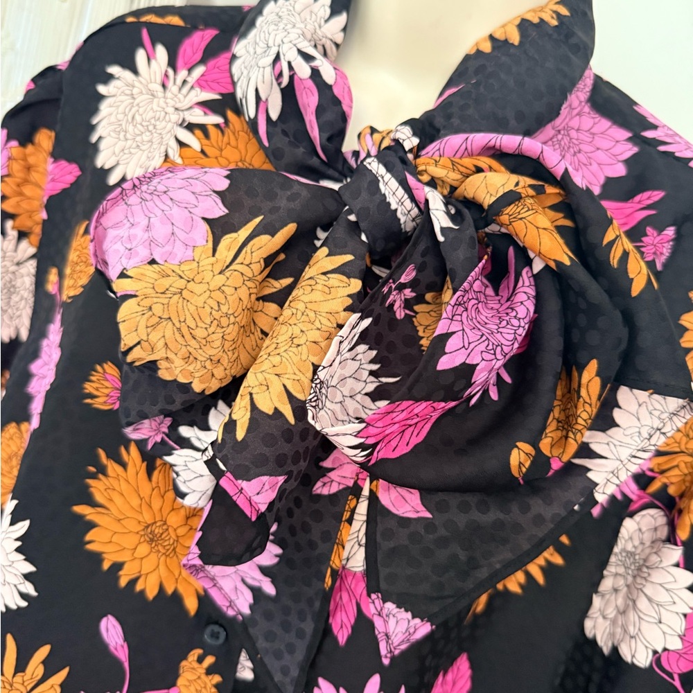 Ann Taylor Black Floral Bow-Tie Blouse with Pink & Orange Flowers - Picture 3 of 9